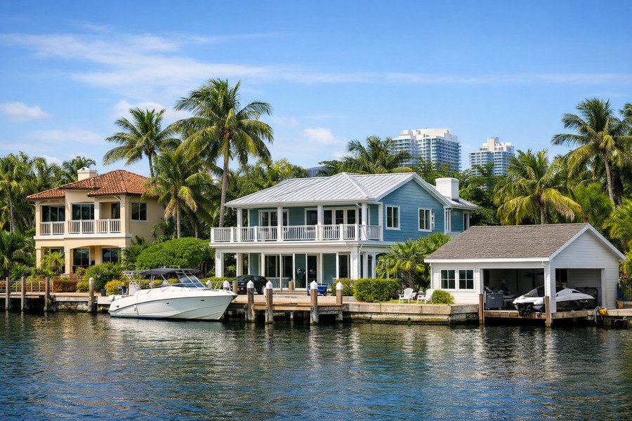 In-Ground Termite Treatment comparing in - Waterfront houses with docks and palm trees.