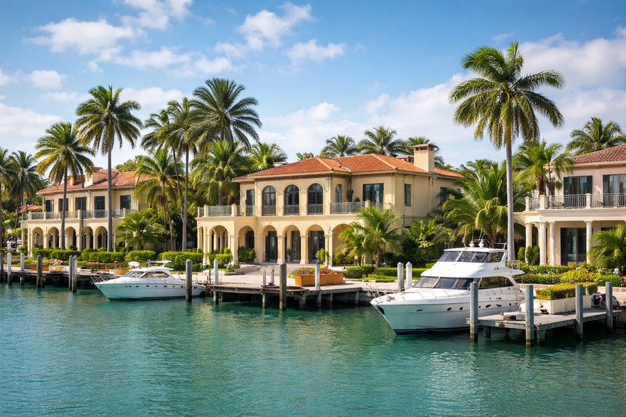 Termite soil treatment for new construction common - Luxury waterfront homes with palm trees and boats.