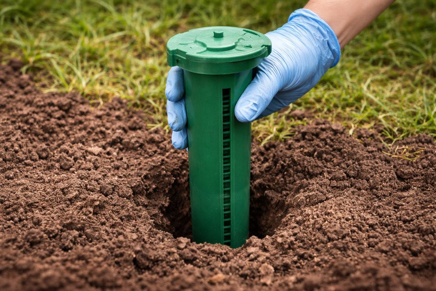 Is fumigation safe for pets safe - Termite bait station being installed in soil.