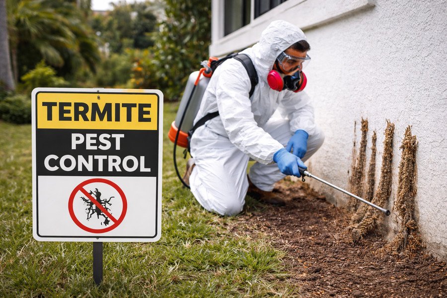 Pest control for ants and termites the roles - Termite pest control warning sign and treatment in progress.