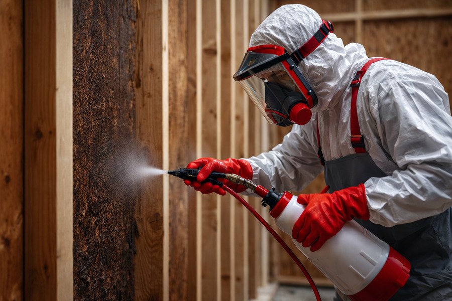 What types of termite treatments are most commonly used by professionals - Pest control worker spraying inside wooden structure.