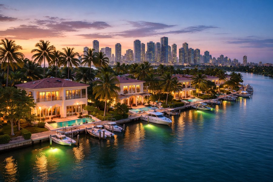 Fumigation vs heat treatment - Waterfront homes with city skyline at sunset.