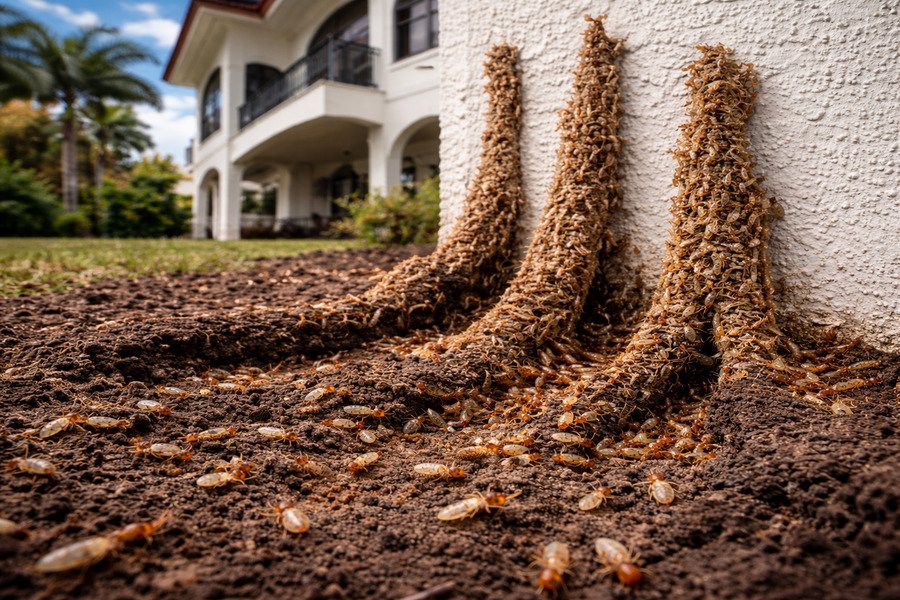 How to treat subterranean termites subterranean - Termite mud tubes climbing a house foundation.