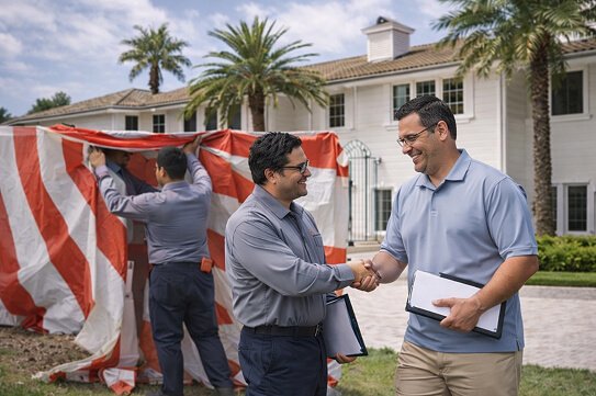 Termite Treatment & Pest Control Day three - Pest control professionals shaking hands outside tented house.