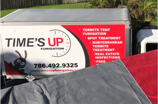 Termite Treatment & Pest Control​ Hyper-Localized - Time’s Up fumigation truck with services listed.