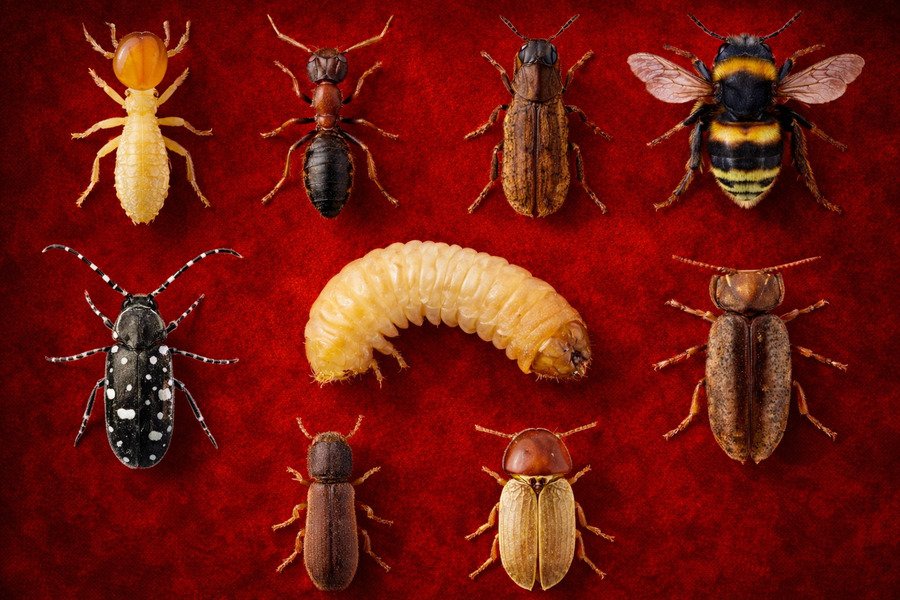 What pest control services are available near me - Various insects displayed on red background.