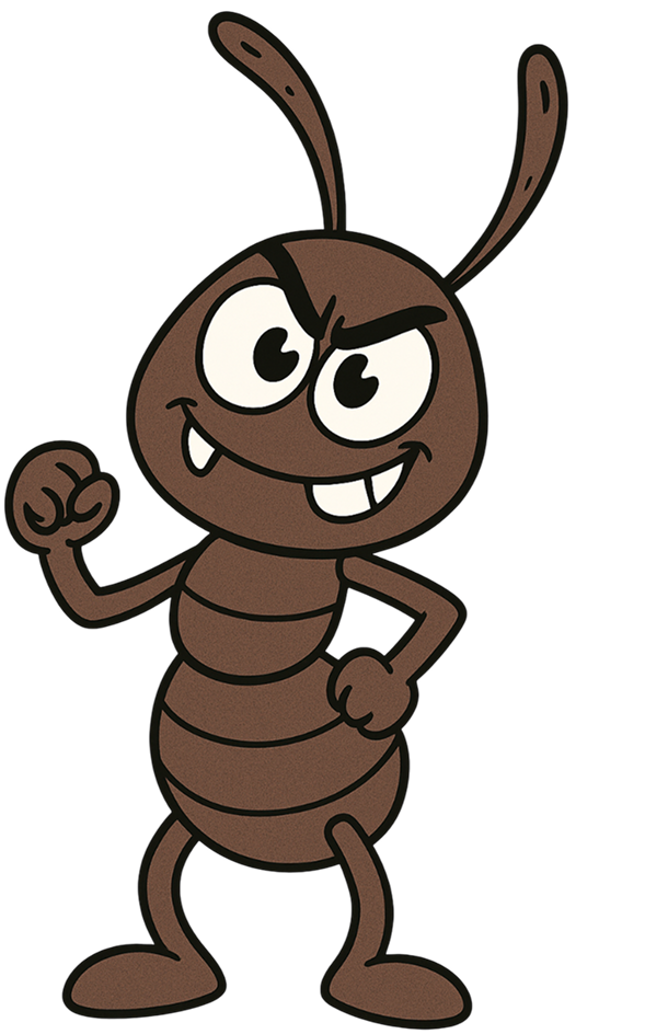 Cartoon ant character pointing forward with a confident expression.