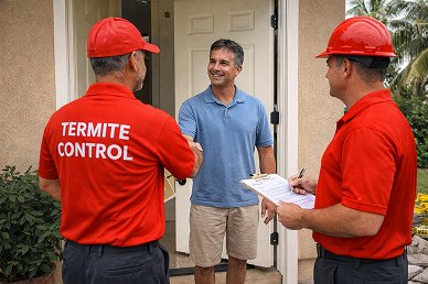 About Us We Stand - Homeowner greeting termite control technicians at front door.