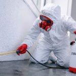 How can I schedule a home pest inspection - Pest control worker spraying treatment on floor.