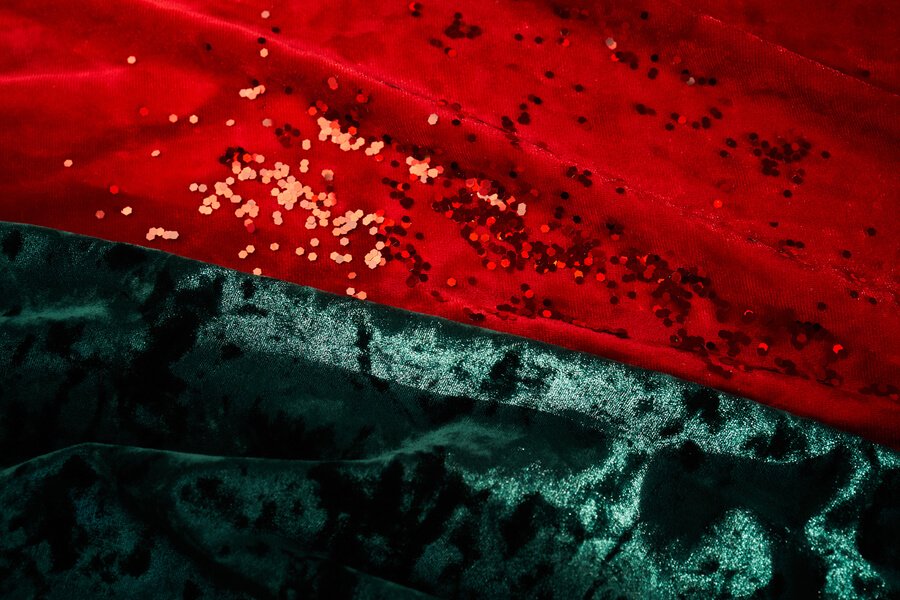 How much is termites treatments - Red and green velvet fabric with scattered sequins.