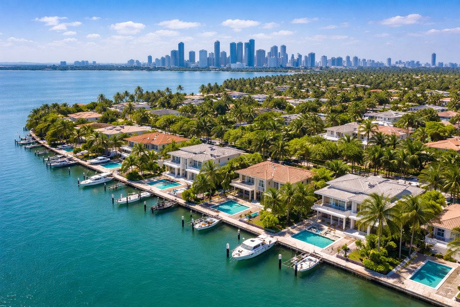 How often to treat for termites - Aerial view of waterfront neighborhood with city skyline.