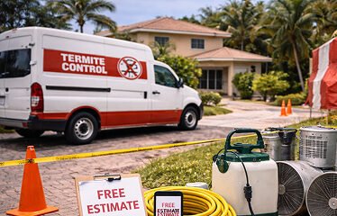 Pest control fast - Termite control service van and equipment outside a home.