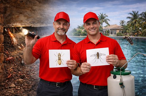 Pest control florida focused - Pest control technicians holding insect identification cards.