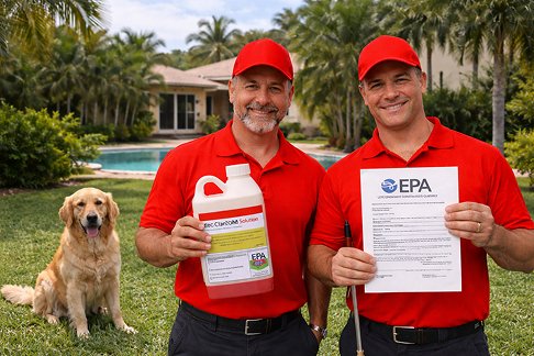 Pest control safe - Pest control technicians holding EPA-approved documents outdoors