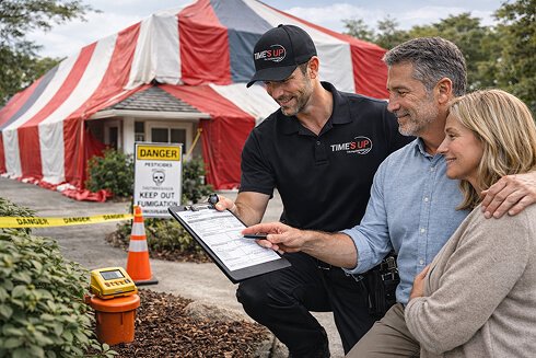 Termite Treatment Long-Term - Pest control technician reviewing inspection with homeowners.
