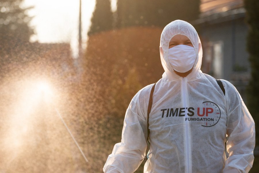 Which pest control providers offer same-day service - Pest control worker in protective suit outdoors.