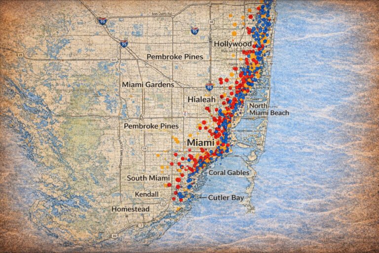 Map of Miami, Florida showing termite infestation areas across the city and nearby regions.