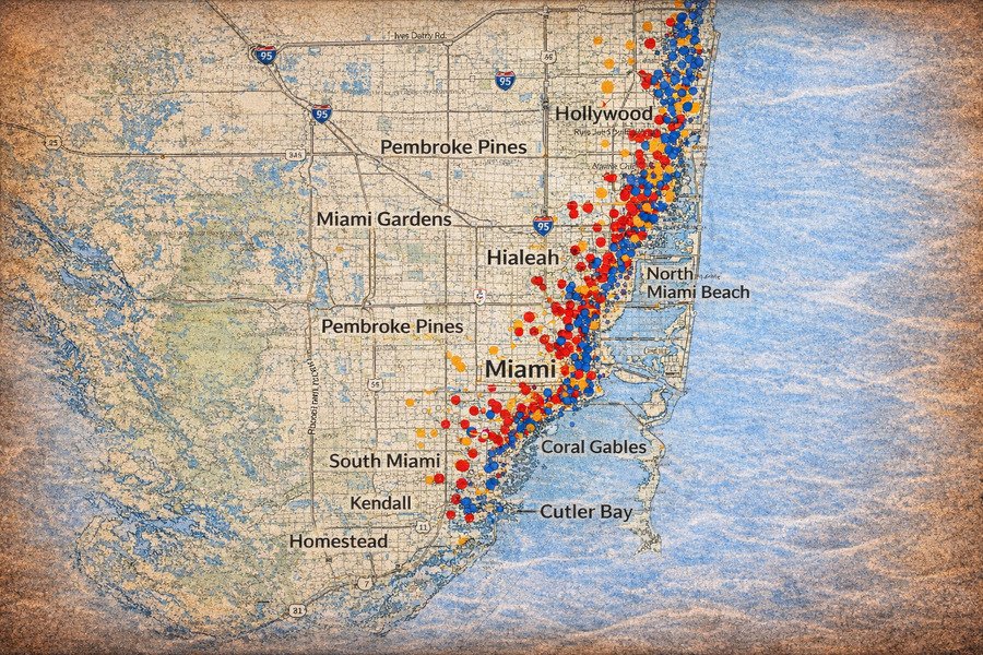 Map of Miami, Florida showing termite infestation areas across the city and nearby regions.