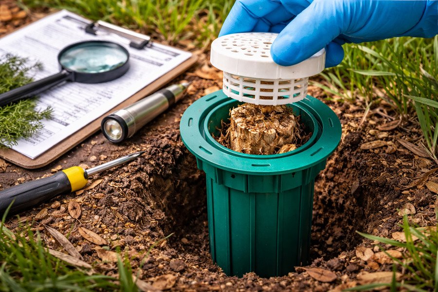 Termite monitoring station being inspected outdoors by a pest control technician.
