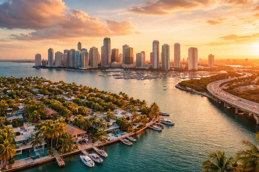 Wooden waterfront houses in Miami, Florida at sunset.
