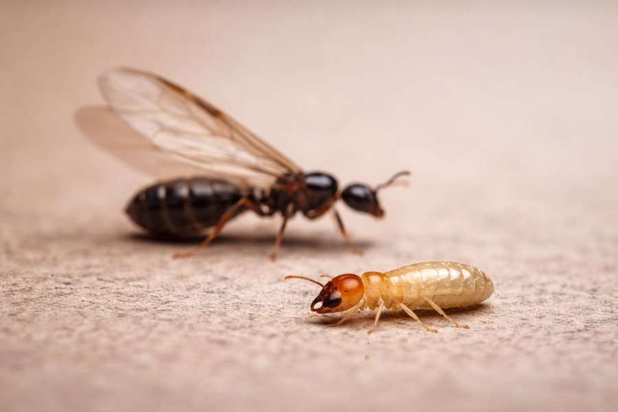 Wingless termite in the foreground with a winged ant blurred in the background, macro close-up.
