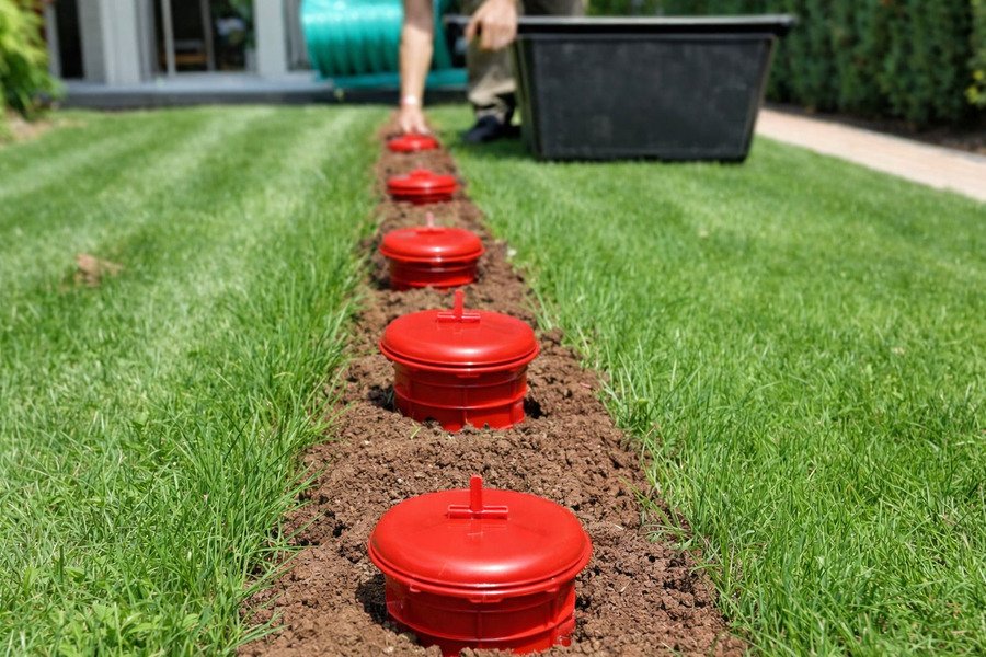 fast termite treatment - Row of red termite bait stations installed in a lawn trench.