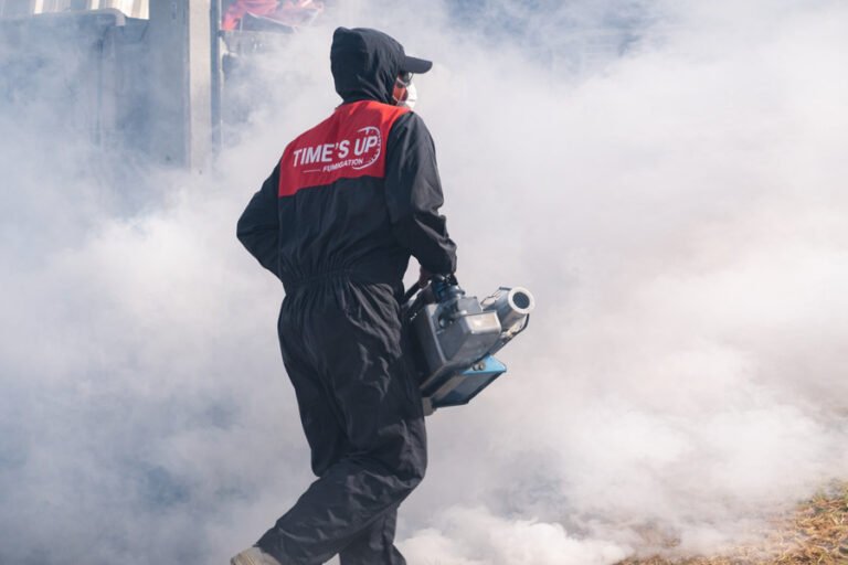 Urgent termite treatment - Technician performing termite fumigation with smoke equipment.
