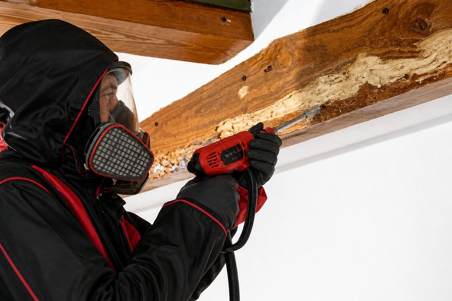 Technician in protective suit using red tool to treat termite-damaged wood