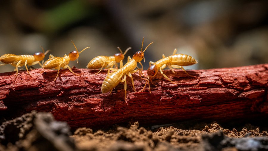 Termites crawling on red wood close-up