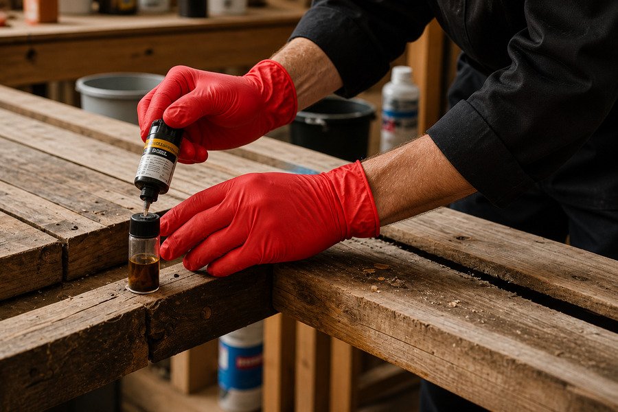 Technician in black clothing using red gloves to apply treatment on wood
