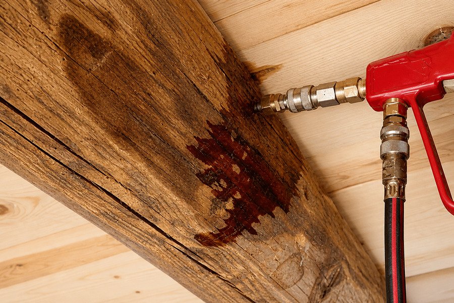 Red injection tool treating a wooden beam for termites

