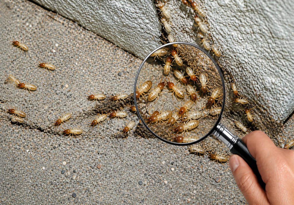 Termites on concrete inspected with a magnifying glass