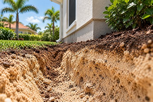 Sandy soil around a Florida home foundation.