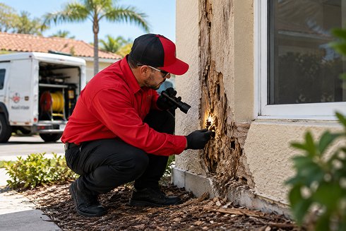 Termite inspector examining wood damage on a Florida home.