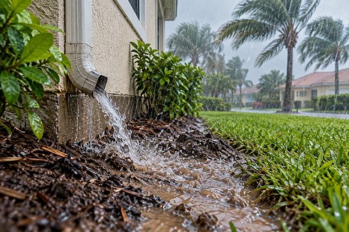Heavy rainfall soaking soil around a Florida home foundation.